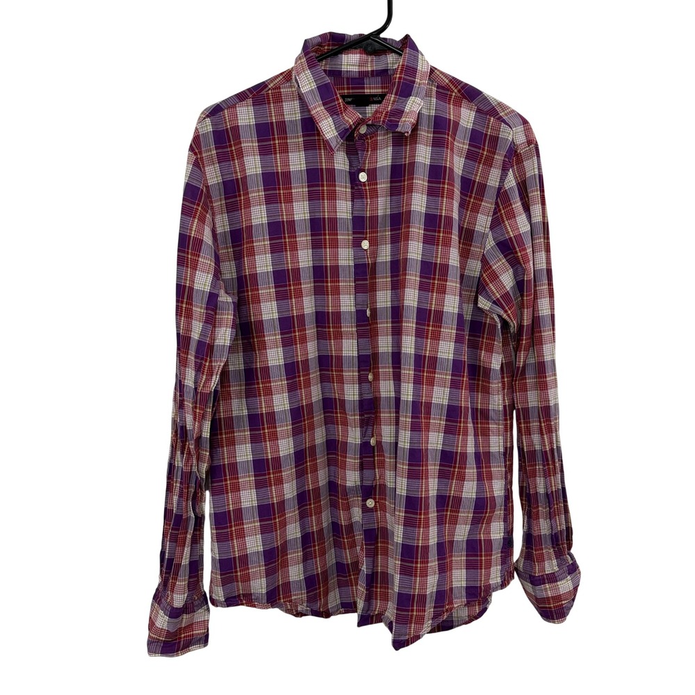 John Varvatos USA Shirt Mens Medium Purple Plaid Button Down Long Sleeve Cotton